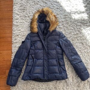 Women's Blue Puffer Jacket with Faux Fur Hood